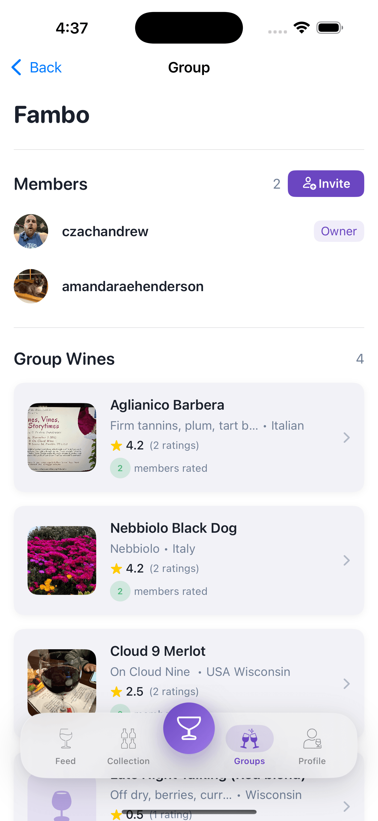 Group view showing members and shared wines