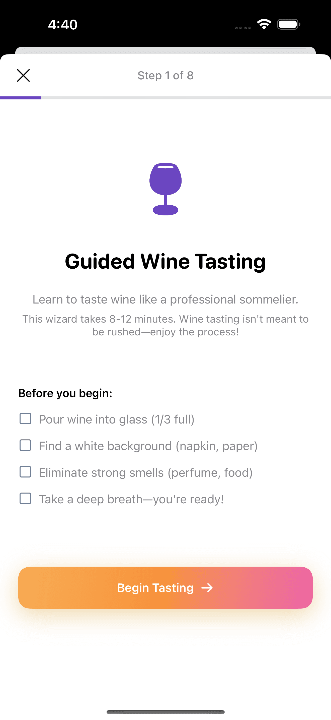 Guided Wine Tasting wizard showing step-by-step instructions