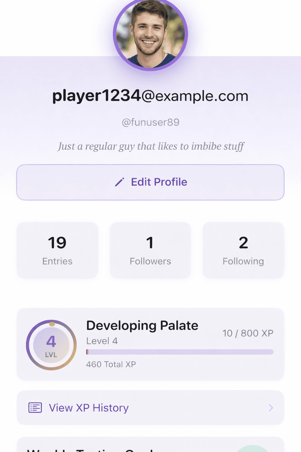 Profile showing XP progress, level, and stats
